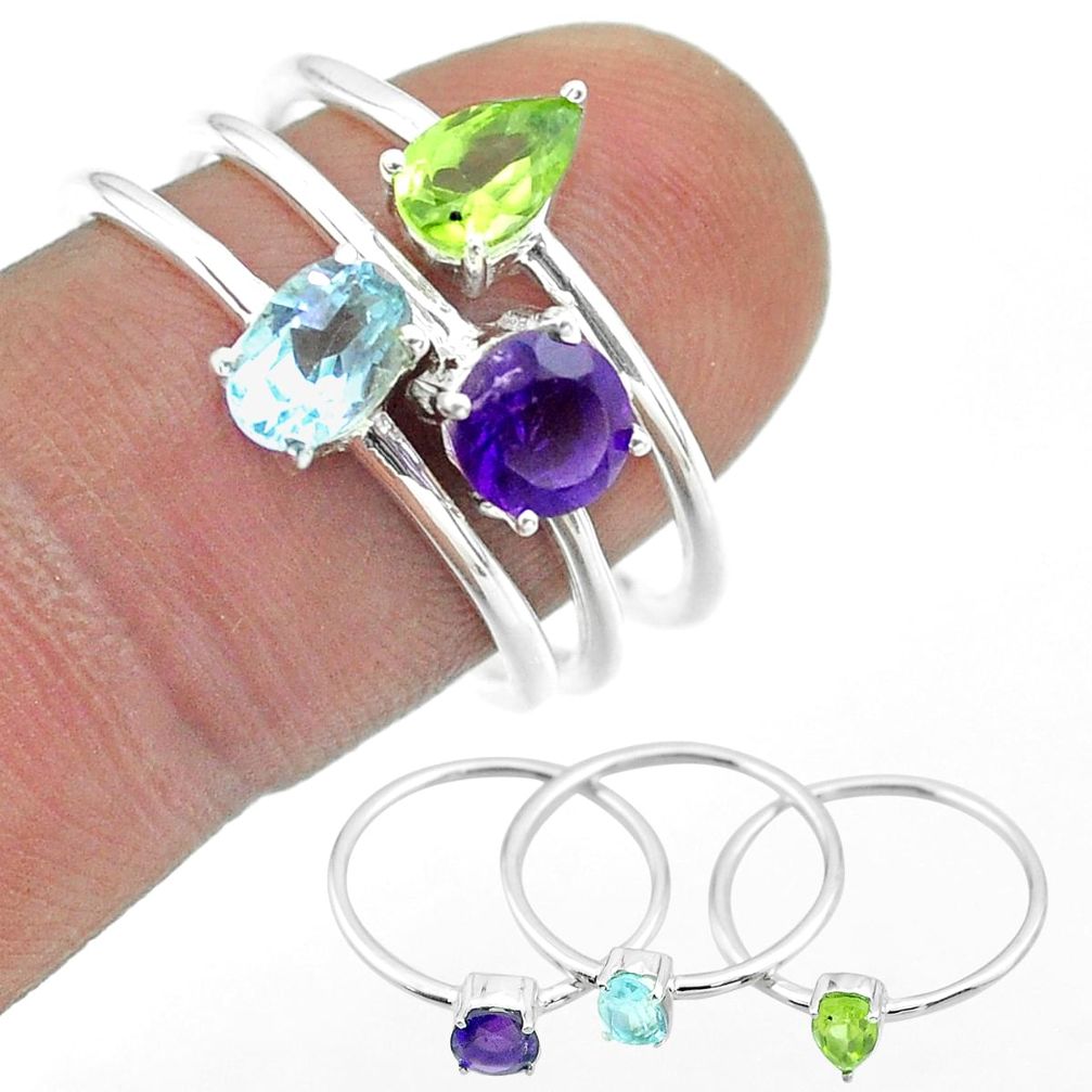 2.97cts natural blue topaz peridot amethyst 925 silver 3 rings size 8 t51028