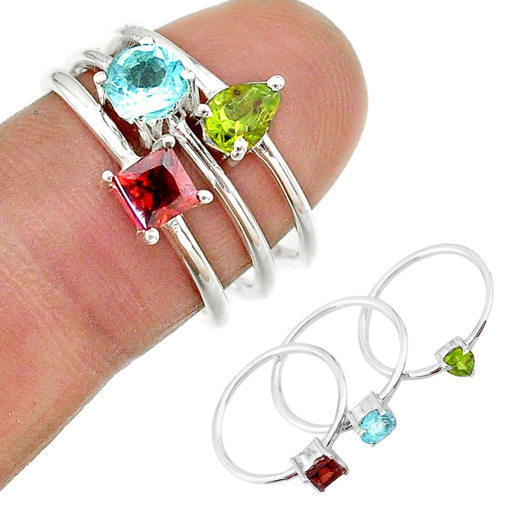 2.82cts natural blue topaz peridot garnet 925 silver 3 rings size 7 t17756