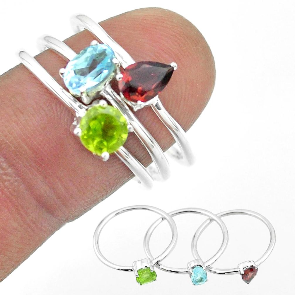 2.98cts natural blue topaz peridot garnet 925 silver 3 rings size 7 t51150