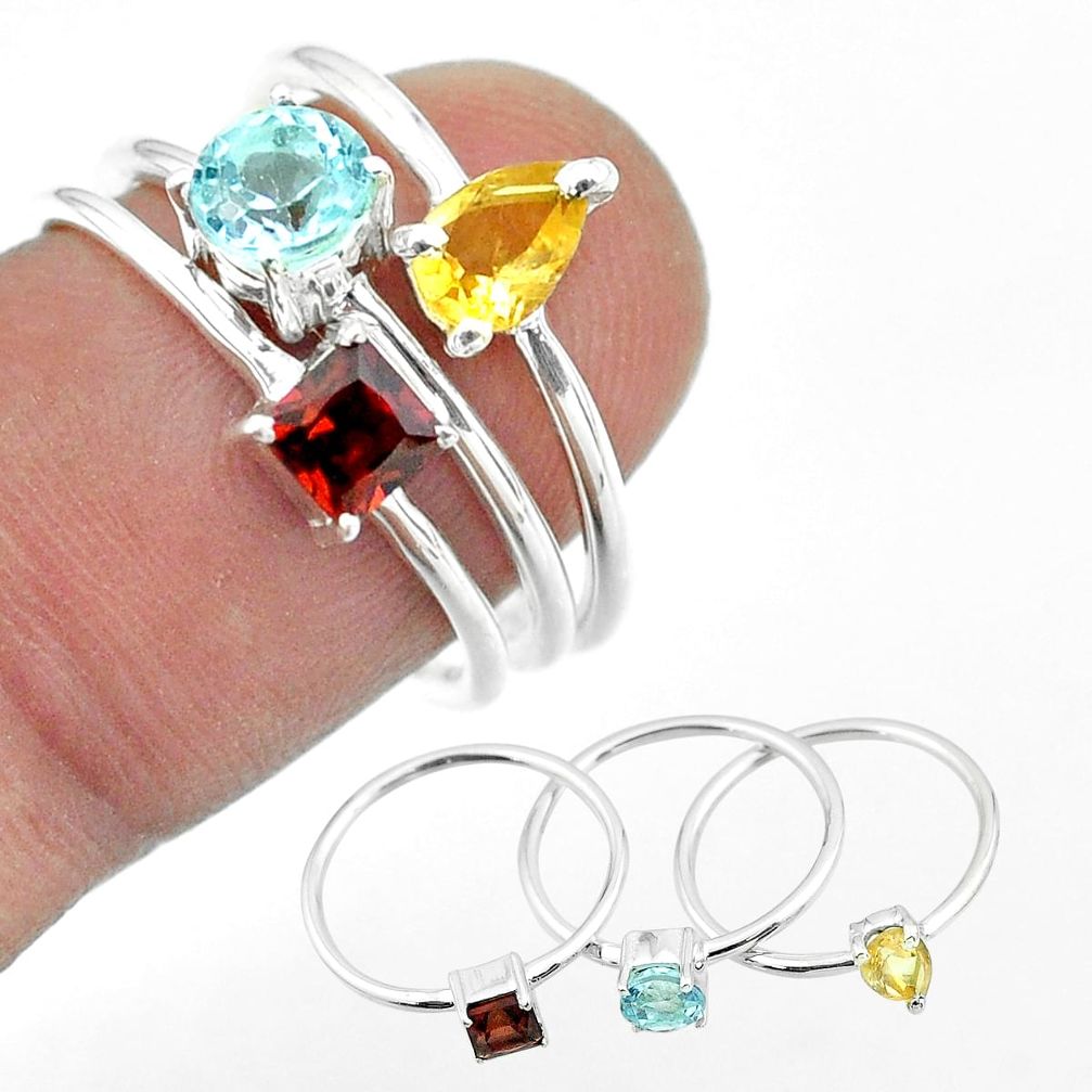 2.97cts natural blue topaz round citrine garnet 925 silver 3 rings size 7 t51095