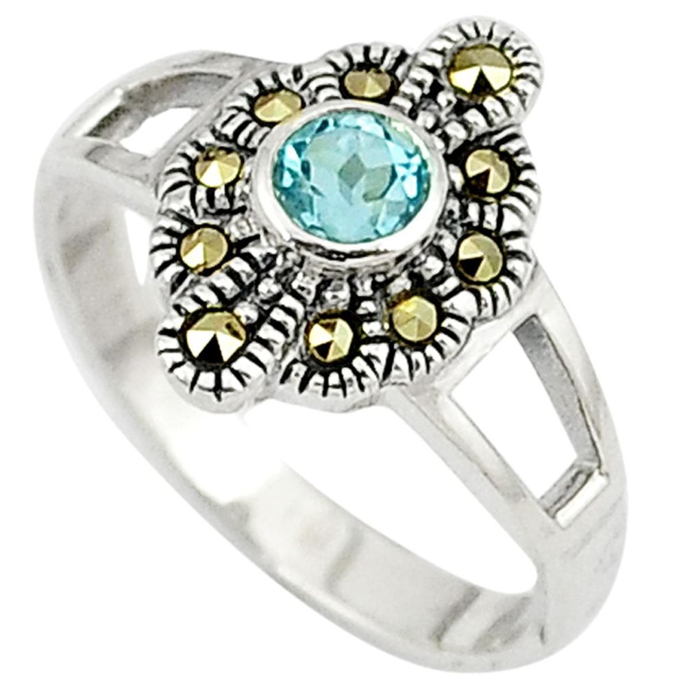 Natural blue topaz round marcasite 925 sterling silver ring size 6.5 c26156