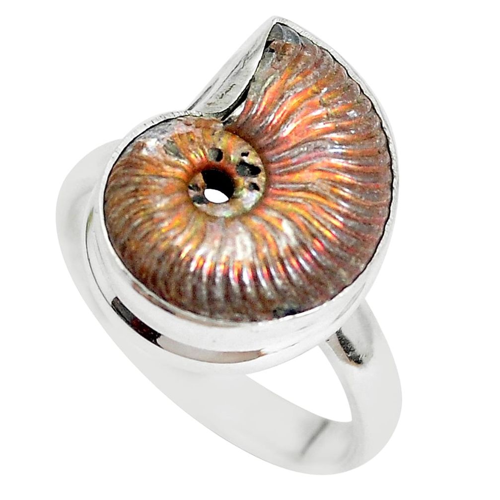 Natural brown ammonite crystallized 925 silver solitaire ring size 8.5 p28637
