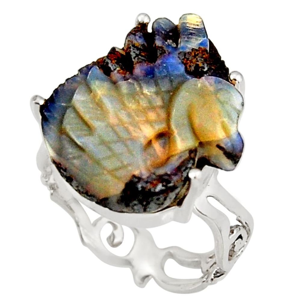 14.72cts natural brown boulder opal carving 925 silver ring size 7.5 r38351