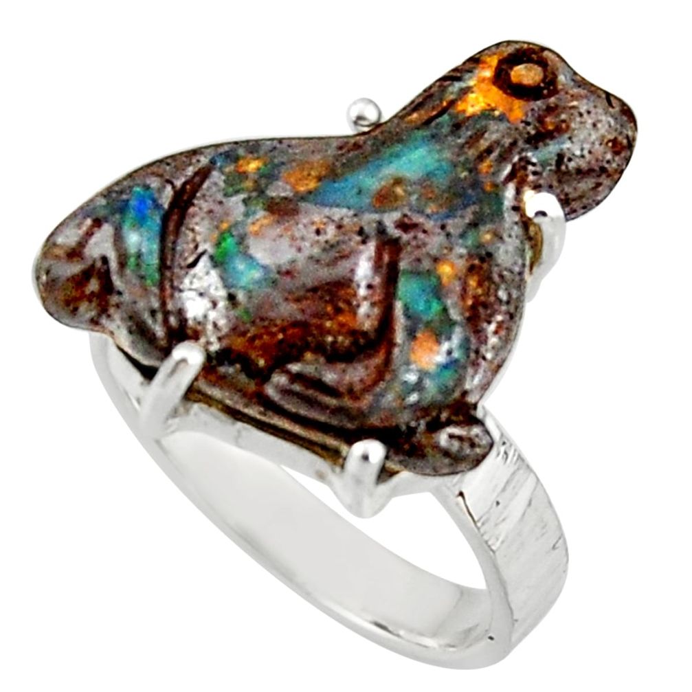 15.47cts natural brown boulder opal carving 925 silver ring size 8 r38354