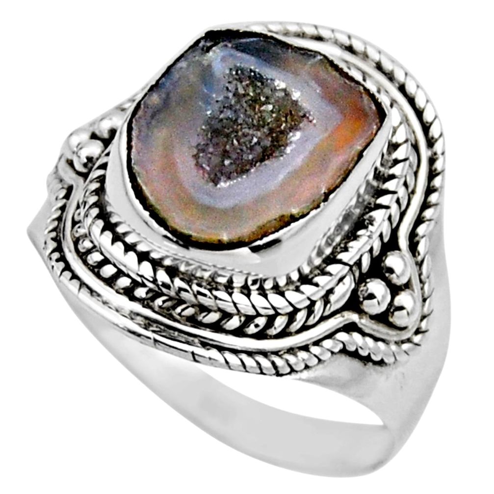 5.63cts natural brown geode druzy 925 silver solitaire ring size 7.5 r53597