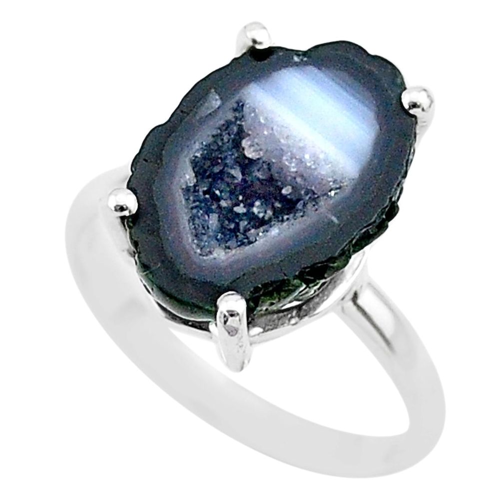 5.53cts natural brown geode druzy 925 silver solitaire ring size 6 t31519