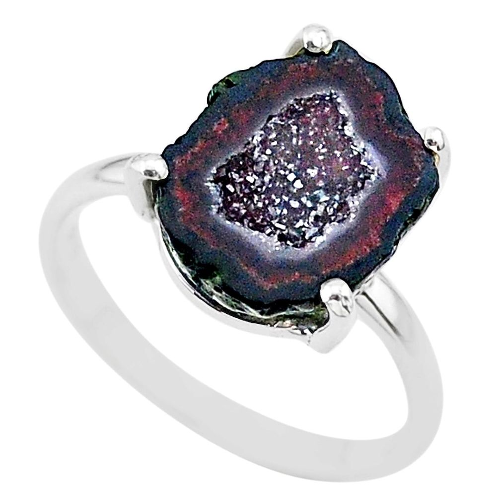 5.24cts natural brown geode druzy 925 silver solitaire ring size 7 t31505
