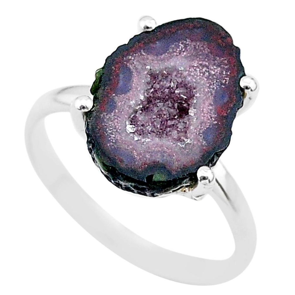 5.33cts natural brown geode druzy 925 silver solitaire ring size 7 t31508