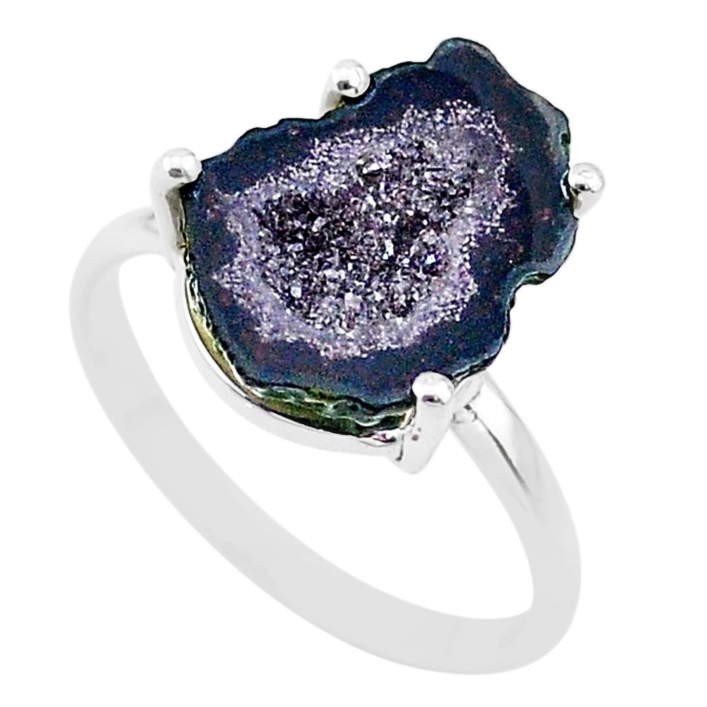 4.79cts natural brown geode druzy 925 silver solitaire ring size 7 t31514