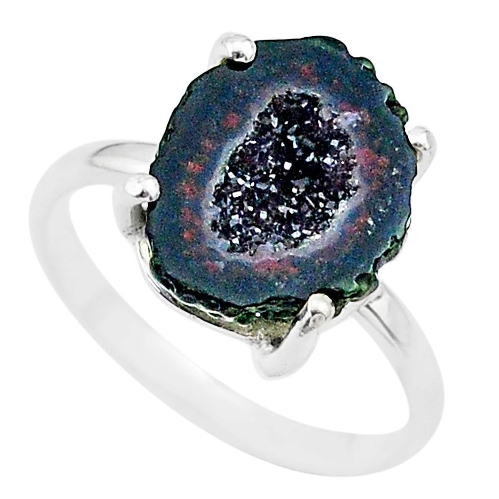 5.06cts natural brown geode druzy 925 silver solitaire ring size 7 t31527