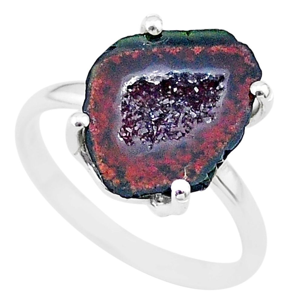 5.51cts natural brown geode druzy 925 silver solitaire ring size 7 t31529