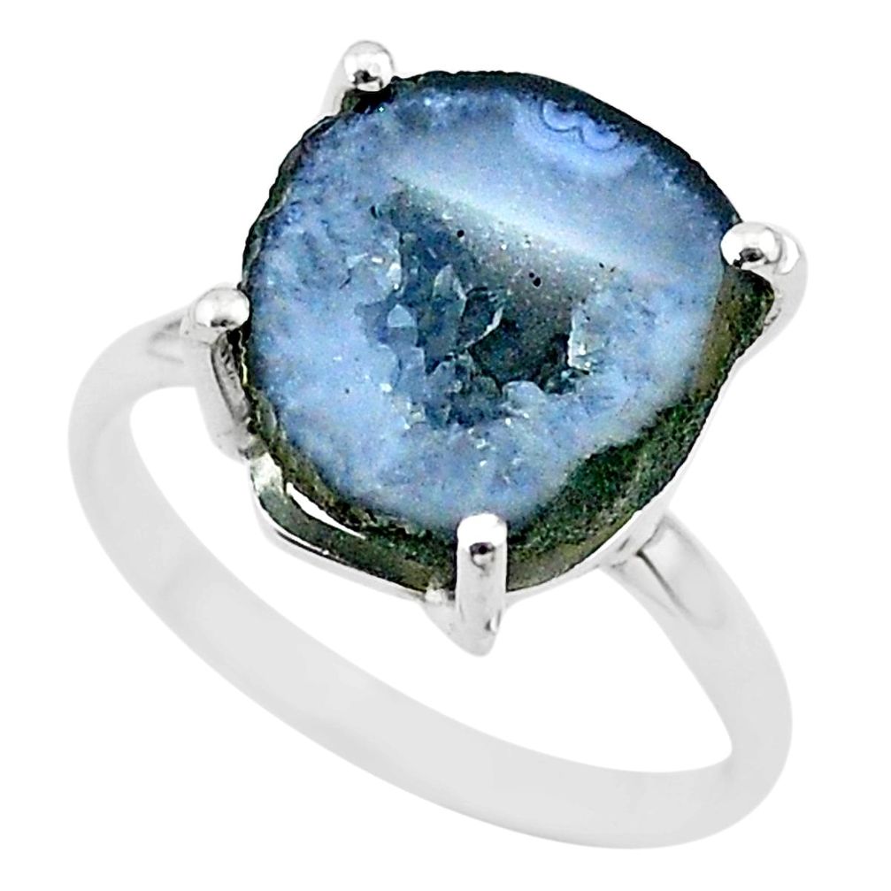 5.90cts natural brown geode druzy 925 silver solitaire ring size 7 t31534