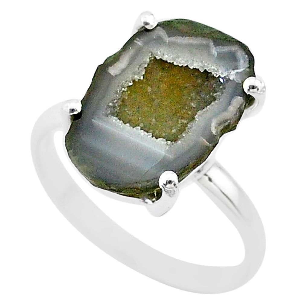 5.64cts natural brown geode druzy 925 silver solitaire ring size 7 t31540