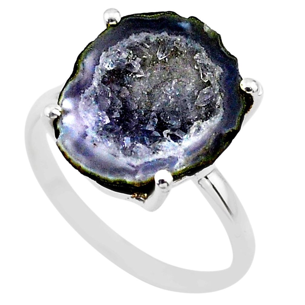 6.28cts natural brown geode druzy 925 silver solitaire ring size 8 t31486