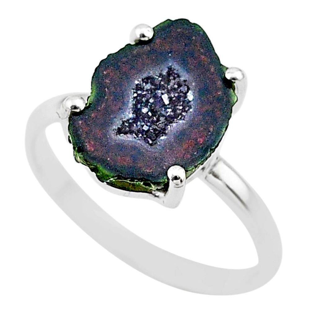 4.57cts natural brown geode druzy 925 silver solitaire ring size 8 t31492