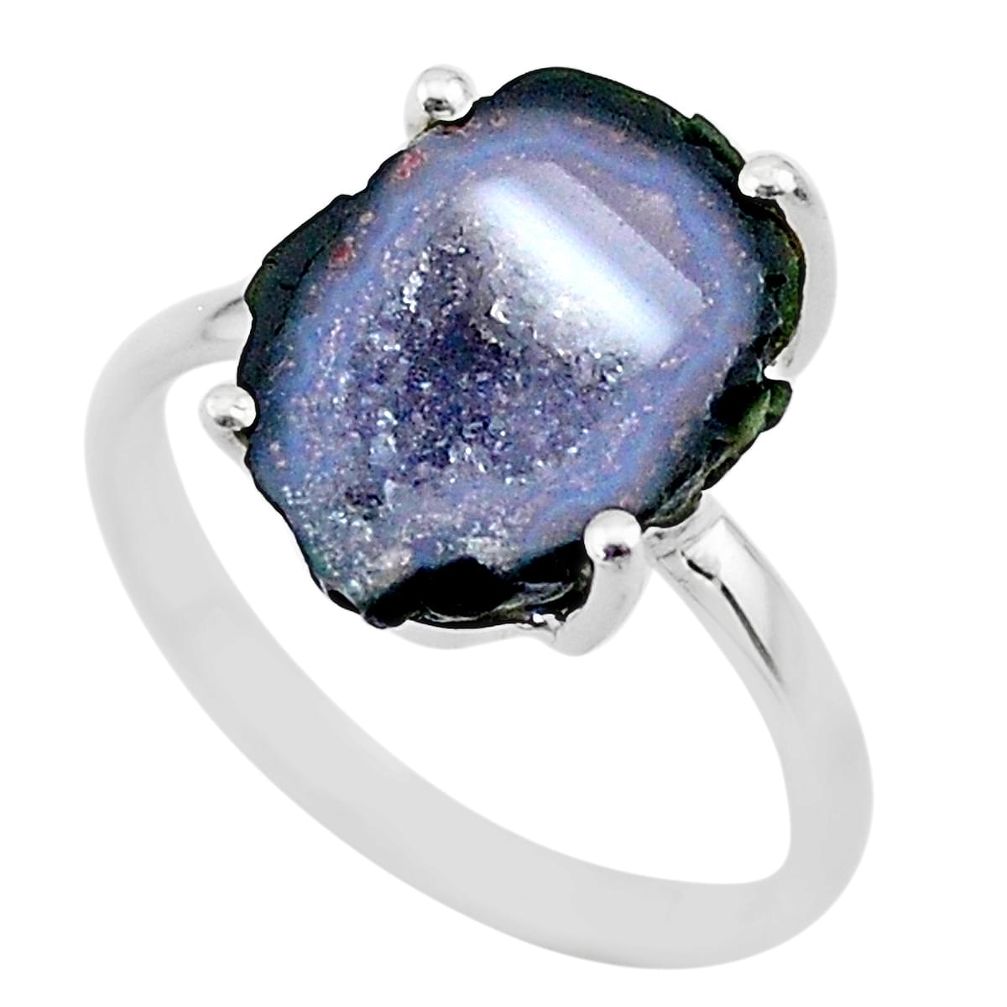 5.90cts natural brown geode druzy 925 silver solitaire ring size 8 t31498