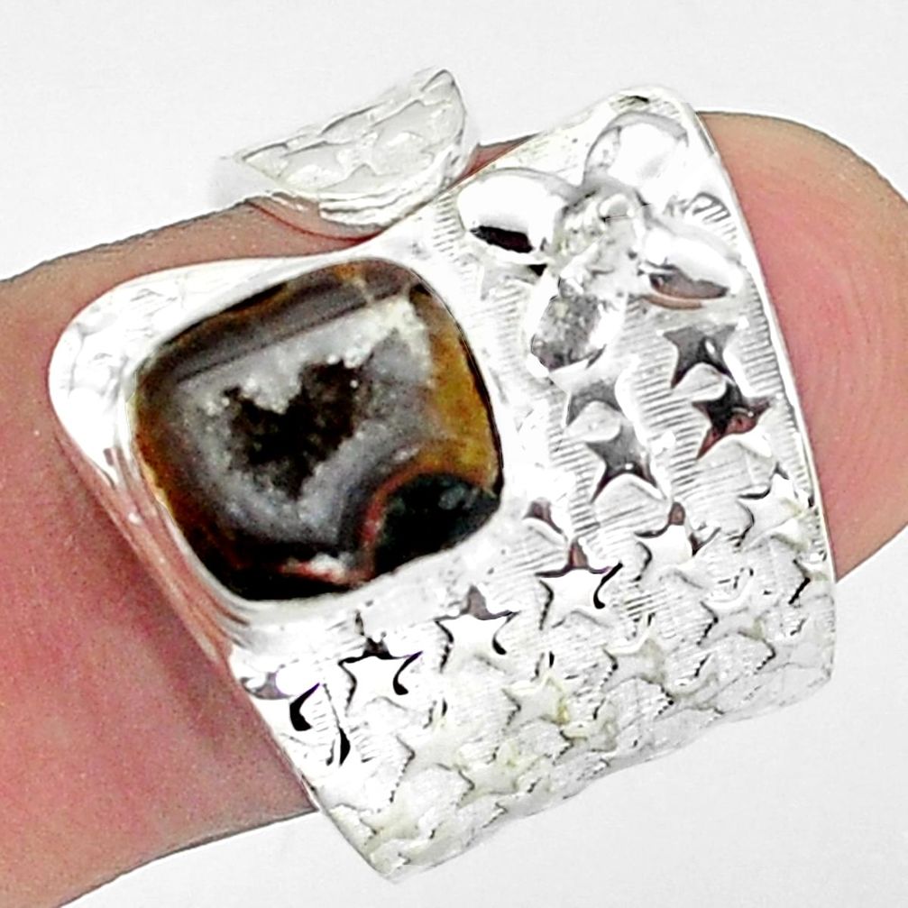 3.91cts natural brown geode druzy fancy 925 silver adjustable ring size 8 p57275
