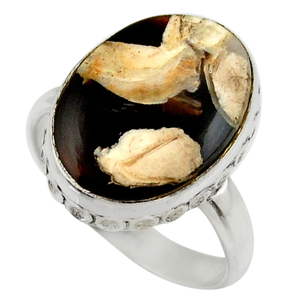 Natural brown peanut petrified wood fossil silver solitaire ring size 8 r28695