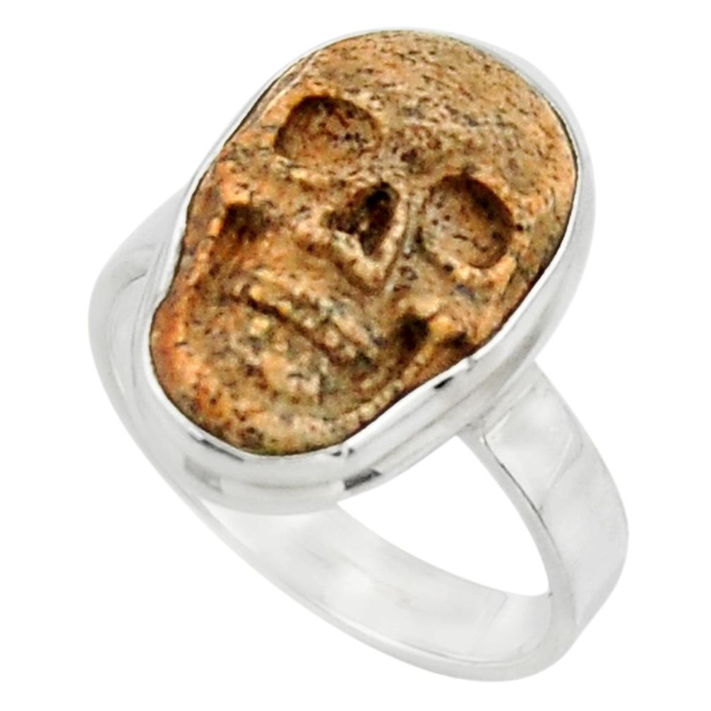 12.60cts natural brown picture jasper 925 silver skull ring size 8.5 r44517