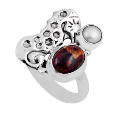 4.02cts natural brown pietersite pearl 925 silver seahorse ring size 7 n25855