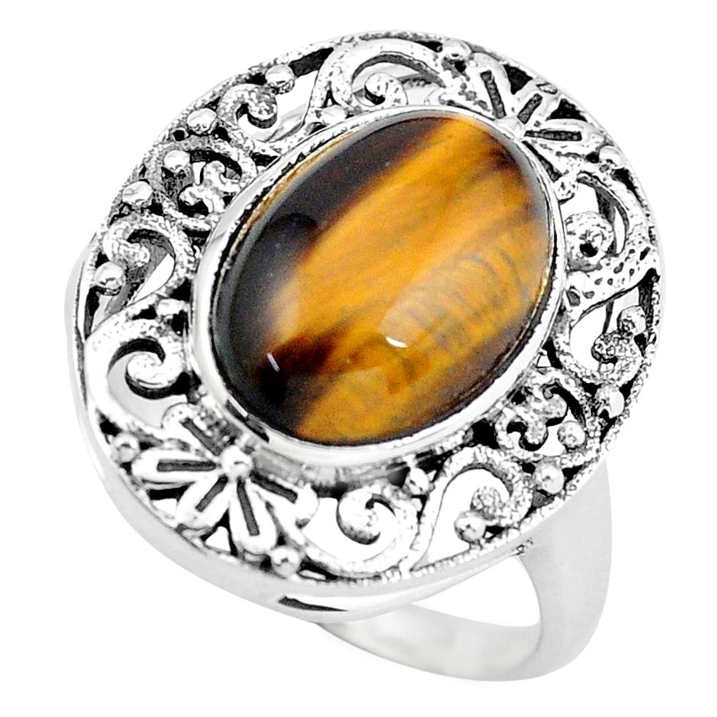 7.07cts natural brown tiger's eye 925 silver solitaire ring size 8.5 p55891