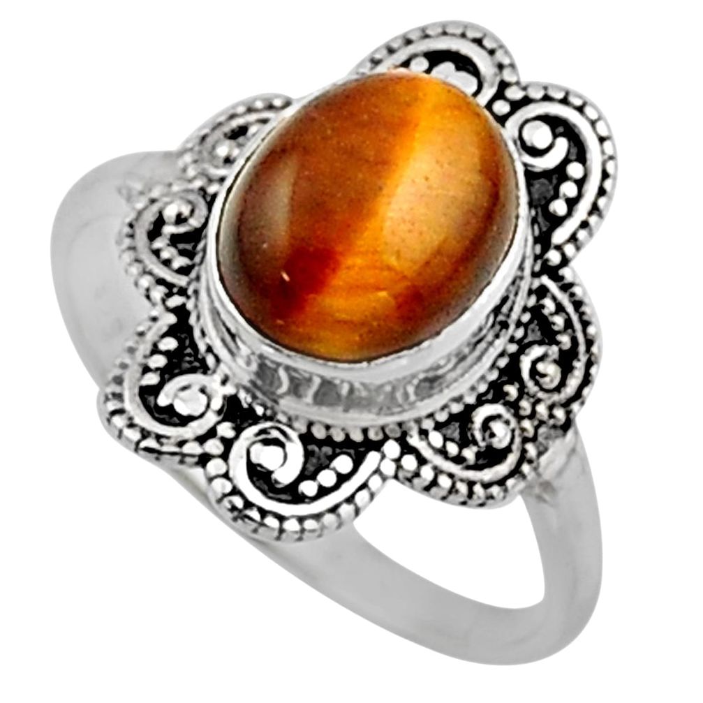 4.23cts natural brown tiger's eye 925 silver solitaire ring size 8.5 r54492