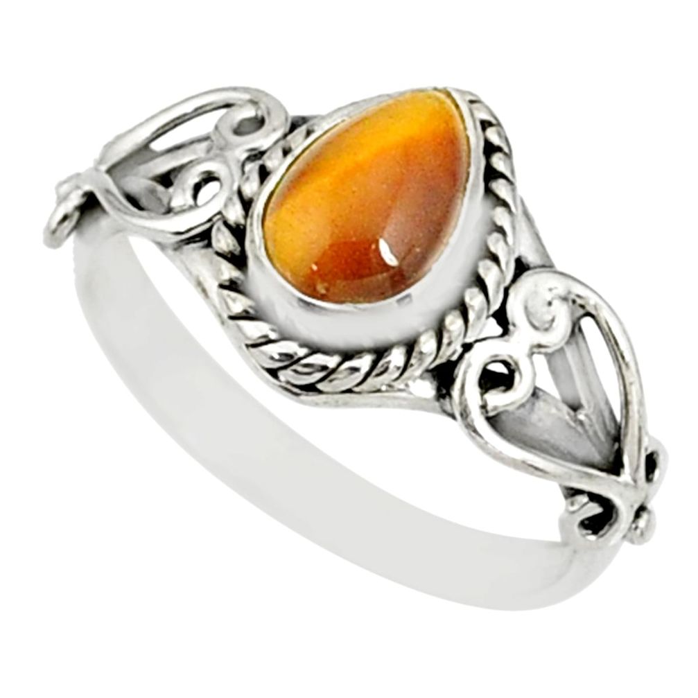 1.94cts natural brown tiger's eye pear 925 silver solitaire ring size 7 r82477