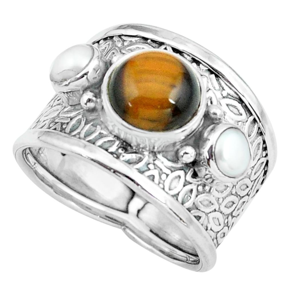 brown tiger's eye pearl 925 sterling silver ring size 8 p68488