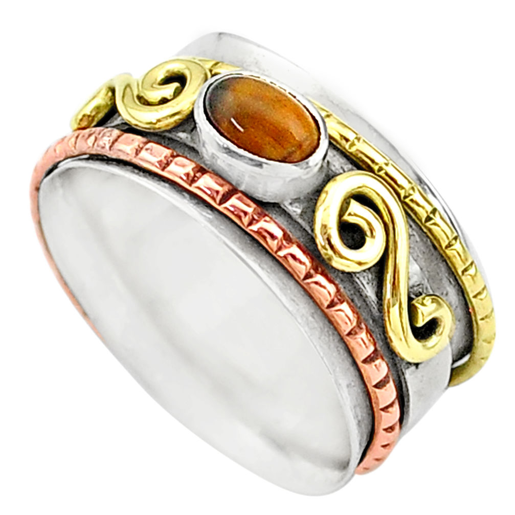 1.00cts natural brown tiger's eye silver two tone spinner ring size 10.5 t12643