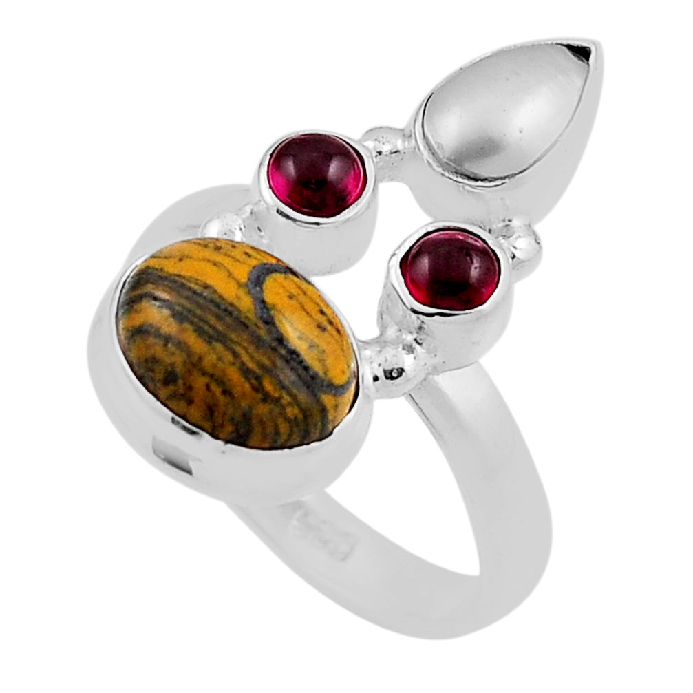 6.18cts natural brown tiger's hawks eye garnet 925 silver ring size 8.5 n24101