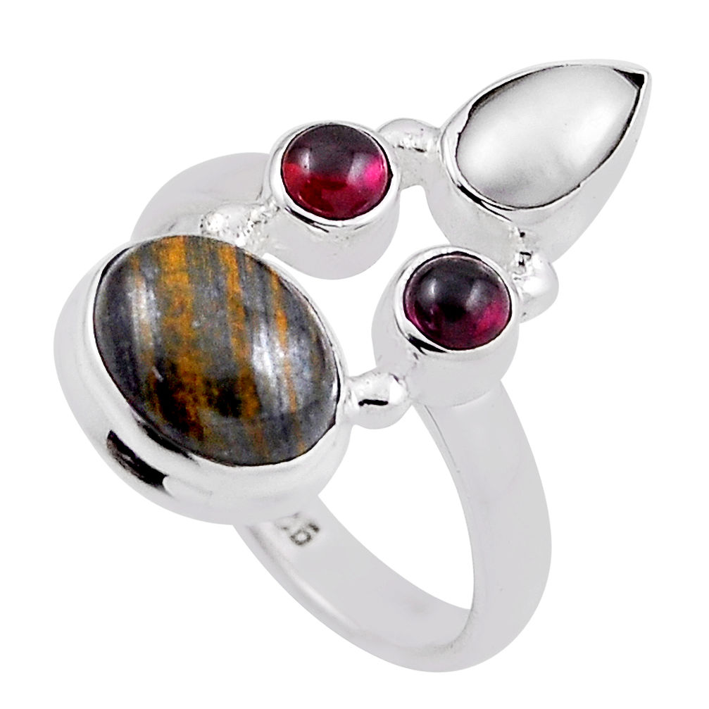 7.84cts natural brown tiger's hawks eye garnet pearl silver ring size 8.5 n23868