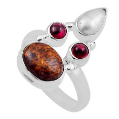 7.35cts natural brown tiger's hawks eye garnet pearl silver ring size 8 n23900