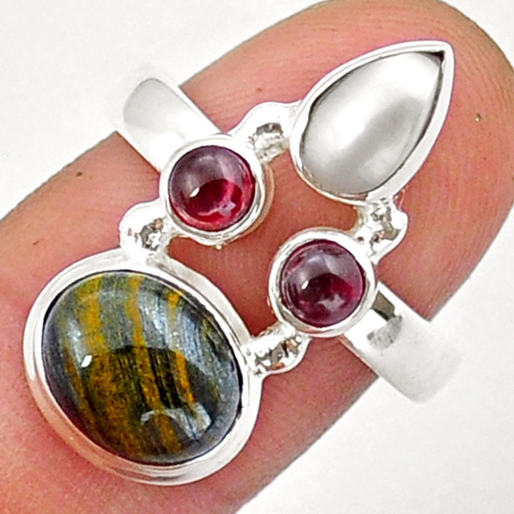 6.63cts natural brown tiger's hawks eye garnet pearl silver ring size 8 y15271