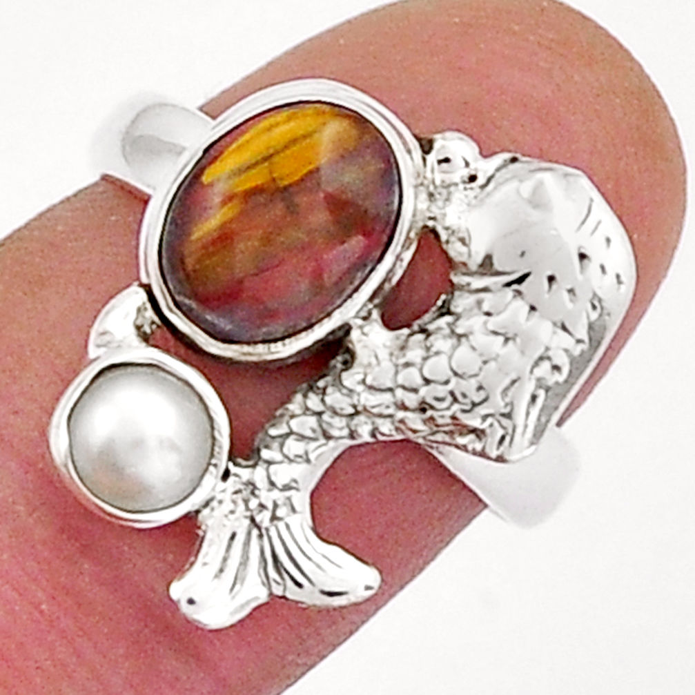 3.29cts natural brown tiger's hawks eye pearl 925 silver fish ring size 7 y20786