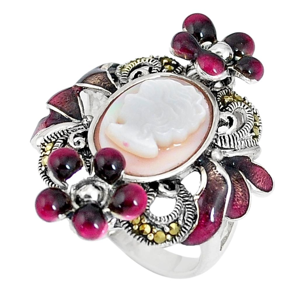 Natural cameo on shell pearl lady face 925 silver flower ring size 5.5 c16250