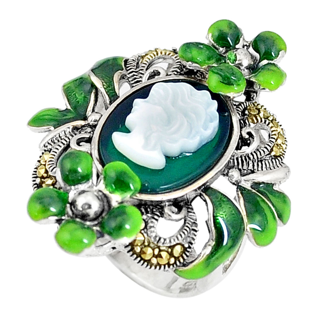 Natural green chalcedony pearl lady face 925 silver flower ring size 5.5 c16313