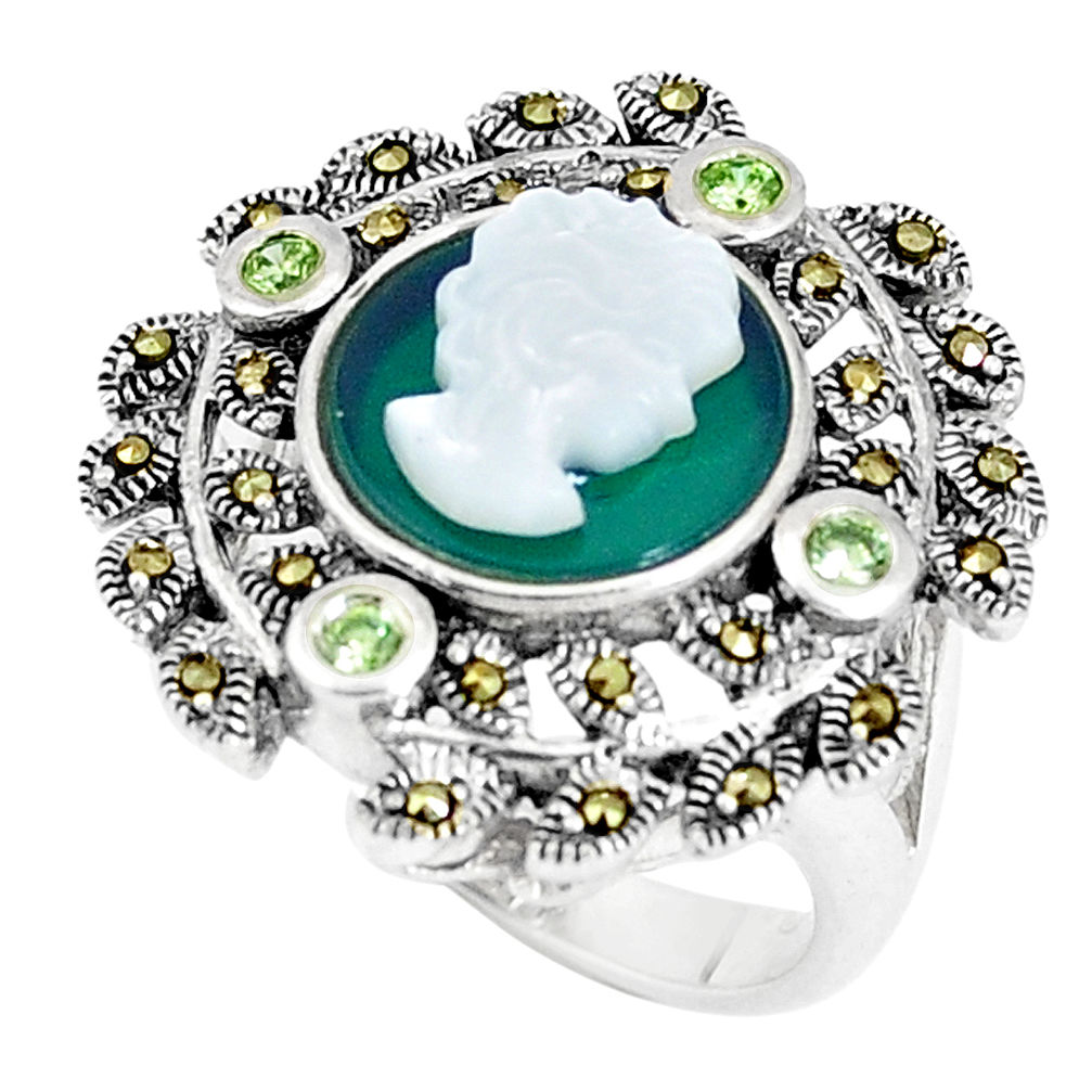 5.78cts natural green chalcedony pearl lady face 925 silver ring size 7 c16053