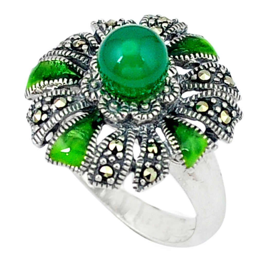 Natural green chalcedony swiss marcasite enamel 925 silver ring size 5.5 c18631