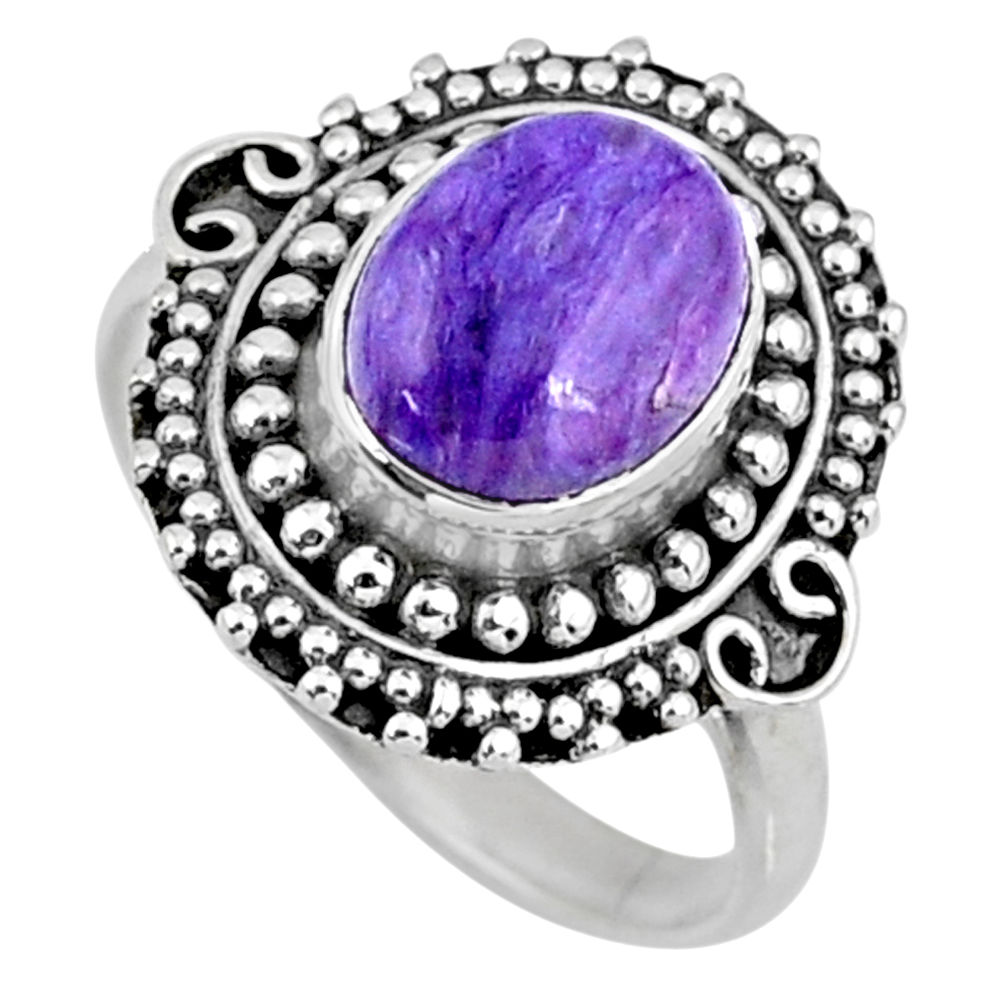 4.38cts natural charoite (siberian) 925 silver solitaire ring size 8.5 r57517