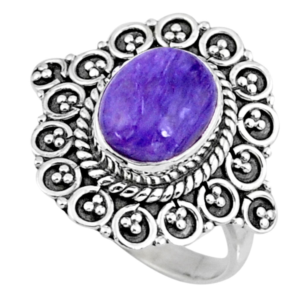 4.17cts natural charoite (siberian) 925 silver solitaire ring size 8.5 r57521
