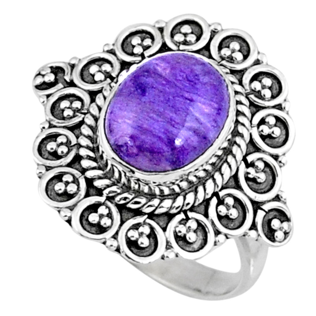 4.02cts natural charoite (siberian) 925 silver solitaire ring size 7.5 r57525