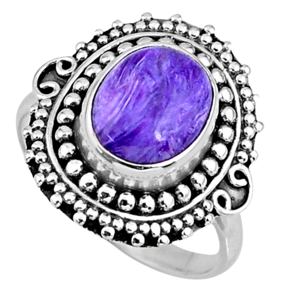 5.05cts natural charoite (siberian) 925 silver solitaire ring size 8.5 r57526