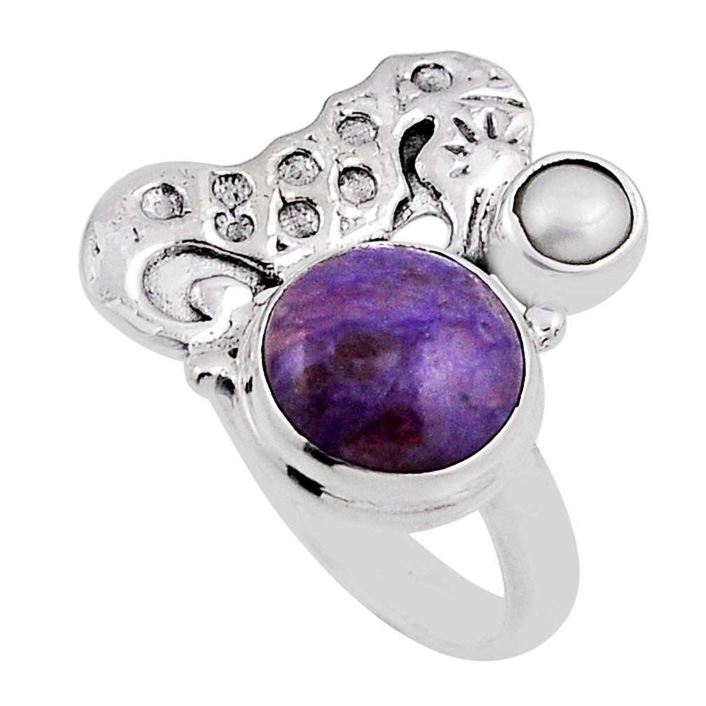 6.03cts natural charoite (siberian) white pearl silver fish ring size 7 n25878
