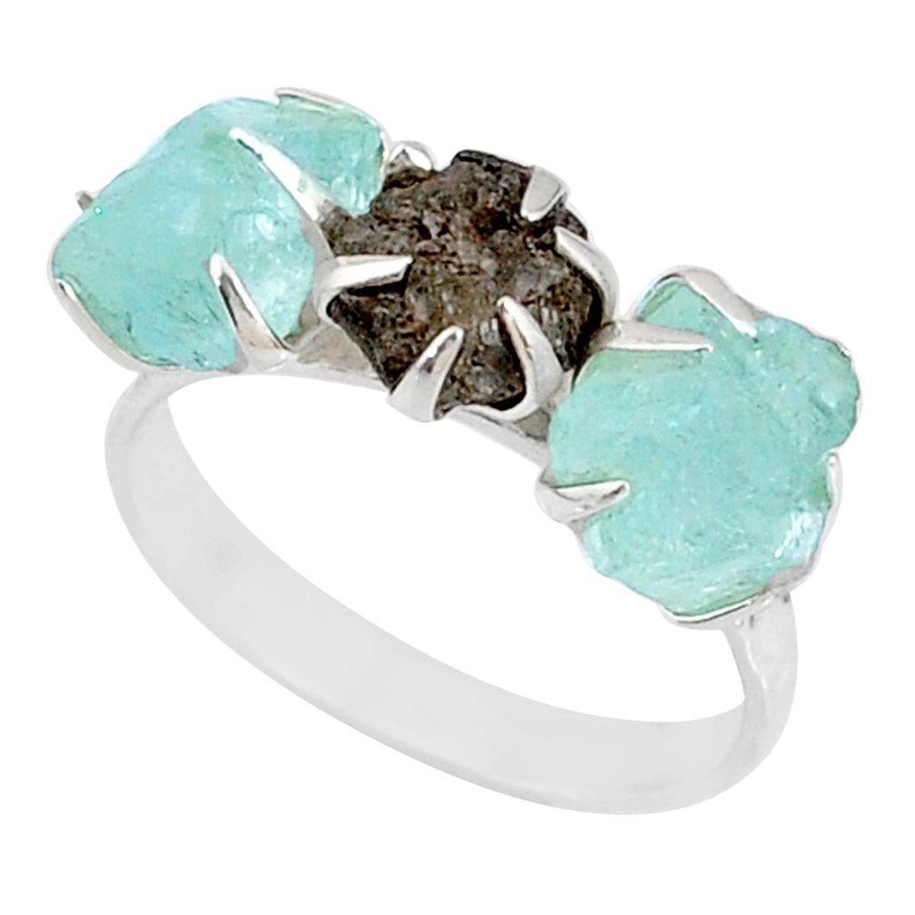4.54cts natural diamond raw aquamarine rough silver handmade ring size 7 r79231