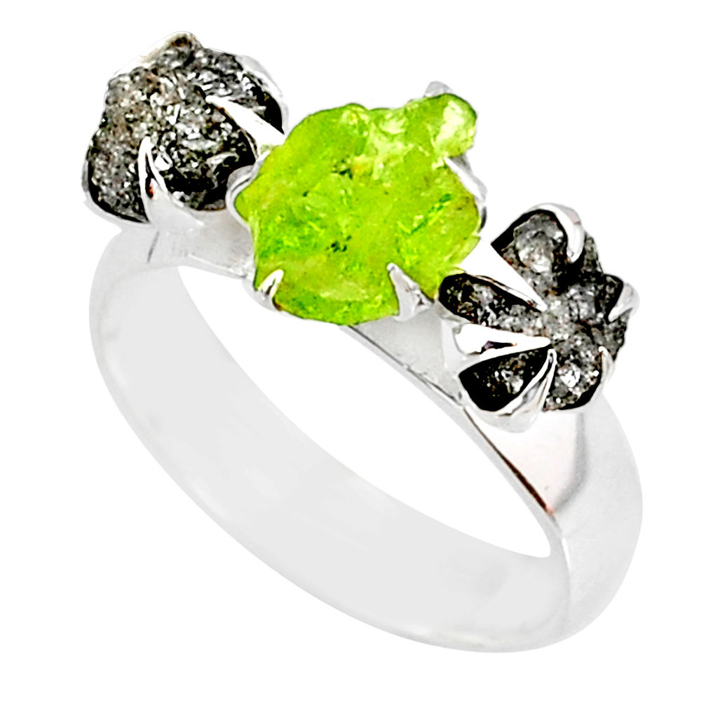 5.38cts natural diamond raw green peridot rough handmade ring size 8 r79302