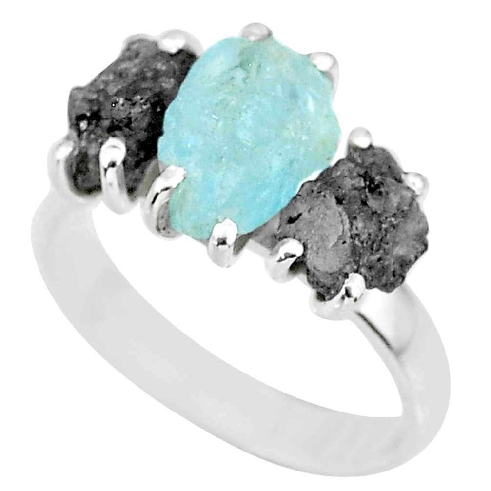 6.67cts natural diamond rough aquamarine raw 925 silver ring size 8 r92170