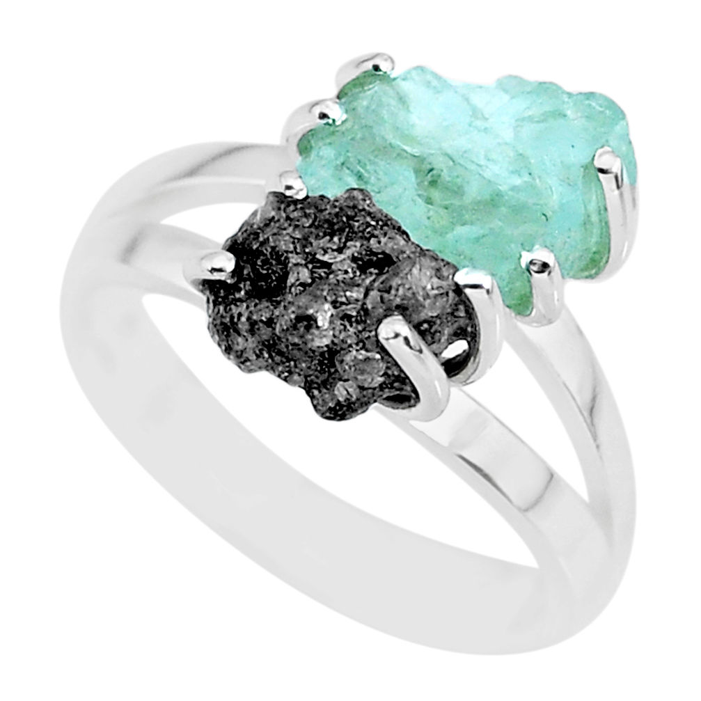 6.98cts natural diamond rough aquamarine rough 925 silver ring size 8 r92238