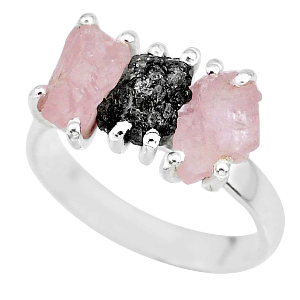 9.37cts natural diamond rough rose quartz raw 925 silver ring size 8 r92138