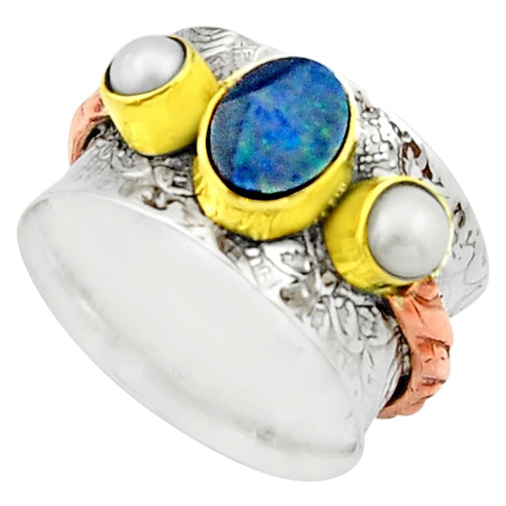 3.13cts natural doublet opal australian 925 silver two tone ring size 8 r22181
