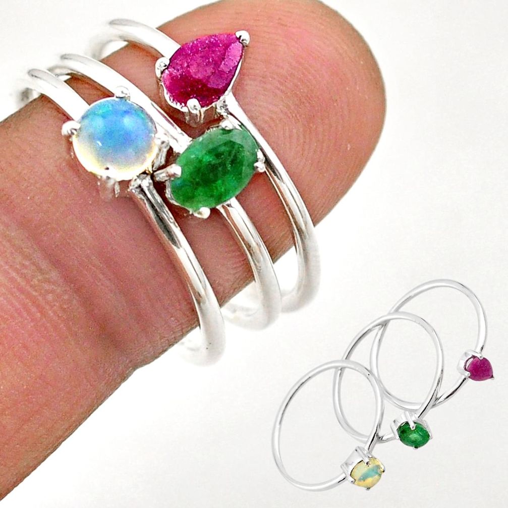 2.82cts natural emerald ethiopian opal ruby 925 silver 3 rings size 9 t74939